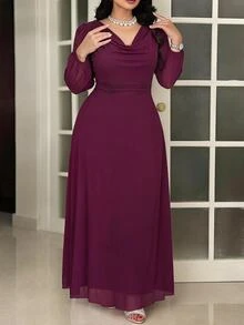 Modelyn Plus Size Women Solid Color Cowl Neck Lantern Sleeve Elegant Dress - Red Violet - View 5