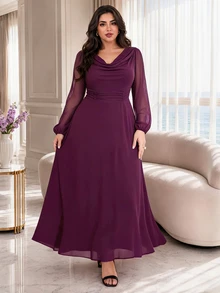 Modelyn Plus Size Women Solid Color Cowl Neck Lantern Sleeve Elegant Dress - Red Violet - View 1