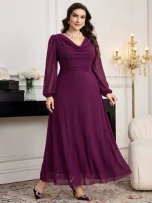 Modelyn Plus Size Women Solid Color Cowl Neck Lantern Sleeve Elegant Dress - Red Violet - View 11