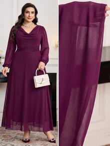 Modelyn Plus Size Women Solid Color Cowl Neck Lantern Sleeve Elegant Dress - Red Violet - View 3
