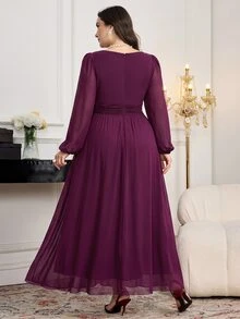 Modelyn Plus Size Women Solid Color Cowl Neck Lantern Sleeve Elegant Dress - Red Violet - View 2