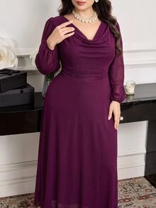 Modelyn Plus Size Women Solid Color Cowl Neck Lantern Sleeve Elegant Dress - Red Violet - View 4
