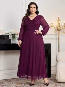Modelyn Plus Size Women Solid Color Cowl Neck Lantern Sleeve Elegant Dress - Red Violet - View 10