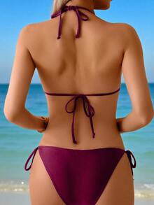 Swim Basics 女士优雅洋红色挂脖三角比基尼套装，饰有荷叶边和太阳吊坠，侧边系带两件式泳衣，休闲夏季沙滩装，度假及节日盛装 - 中紫紅色 - 查看 2