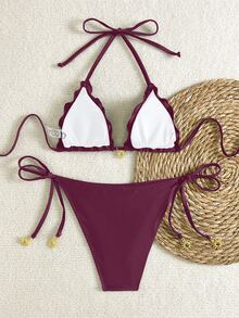 Swim Basics 女士优雅洋红色挂脖三角比基尼套装，饰有荷叶边和太阳吊坠，侧边系带两件式泳衣，休闲夏季沙滩装，度假及节日盛装 - 中紫紅色 - 查看 5