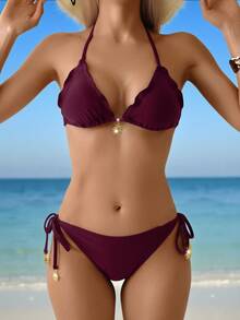 Swim Basics 女士优雅洋红色挂脖三角比基尼套装，饰有荷叶边和太阳吊坠，侧边系带两件式泳衣，休闲夏季沙滩装，度假及节日盛装 - 中紫紅色 - 查看 6