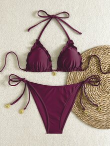 Swim Basics 女士优雅洋红色挂脖三角比基尼套装，饰有荷叶边和太阳吊坠，侧边系带两件式泳衣，休闲夏季沙滩装，度假及节日盛装 - 中紫紅色 - 查看 4