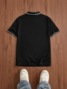 ESTAVOR 男士极简印花短袖Polo衫 - 黑色 - 查看 7