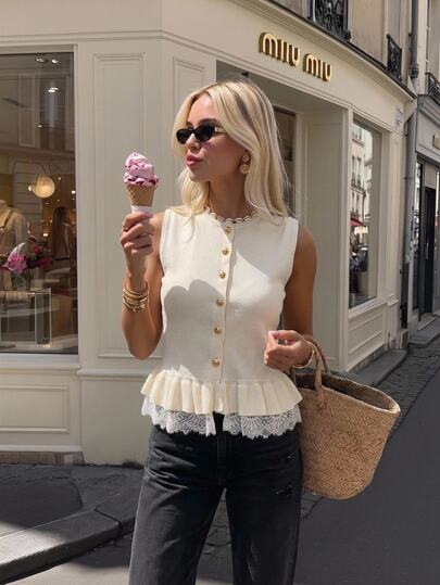 Serisse Chaleco de punto con volantes y ribete de encaje para mujer, crema, estilo francés elegante para brunch en otoño