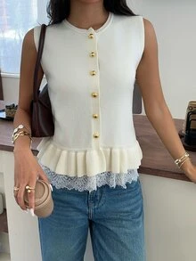 Serisse 女款蕾絲飾邊荷葉邊針織背心 早午餐穿搭 乳白色 秋季 法式優雅 - 米色 - 查看 5