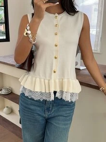 Serisse 女款蕾絲飾邊荷葉邊針織背心 早午餐穿搭 乳白色 秋季 法式優雅 - 米色 - 查看 6