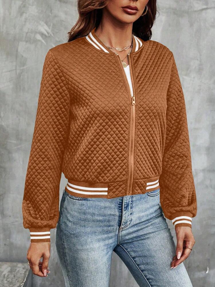 SHEIN Franclia Women's Diamond Quilted Striped Contrast Color Long Sleeve Jacket - Brown - View 3