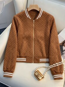 SHEIN Franclia 女款菱格紋條紋撞色長袖夾克 - 棕色 - 查看 1