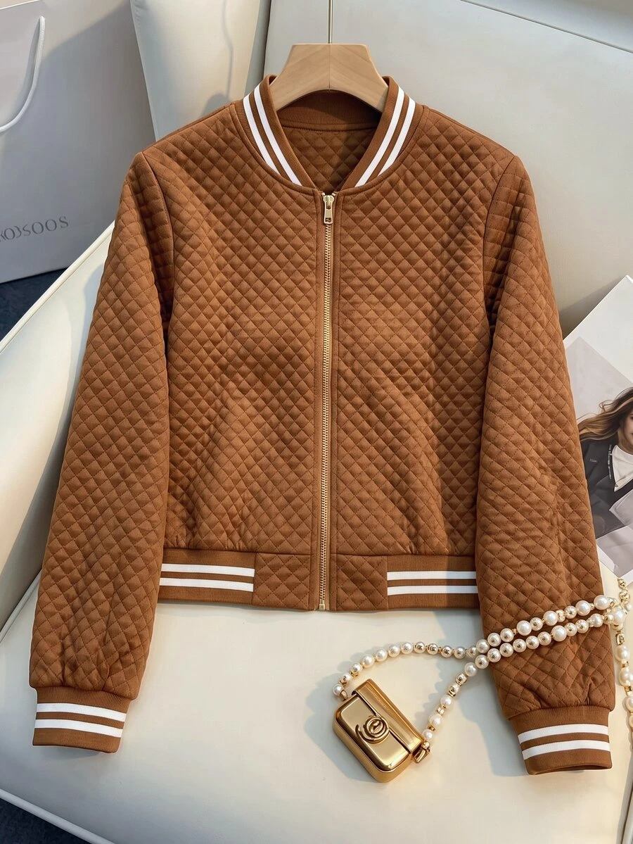 SHEIN Franclia 女款菱格紋條紋撞色長袖夾克 - 棕色 - 查看 1