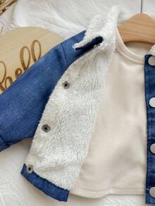 SHEIN Newborn Baby Girl/Boy Cute Casual Thermal Sherpa Lining Lapel Jacket,Suitable For Autumn/Winter - Blue - View 5