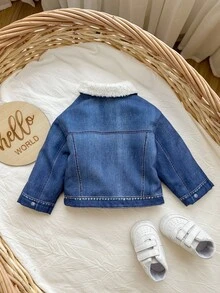 SHEIN Newborn Baby Girl/Boy Cute Casual Thermal Sherpa Lining Lapel Jacket,Suitable For Autumn/Winter - Blue - View 3