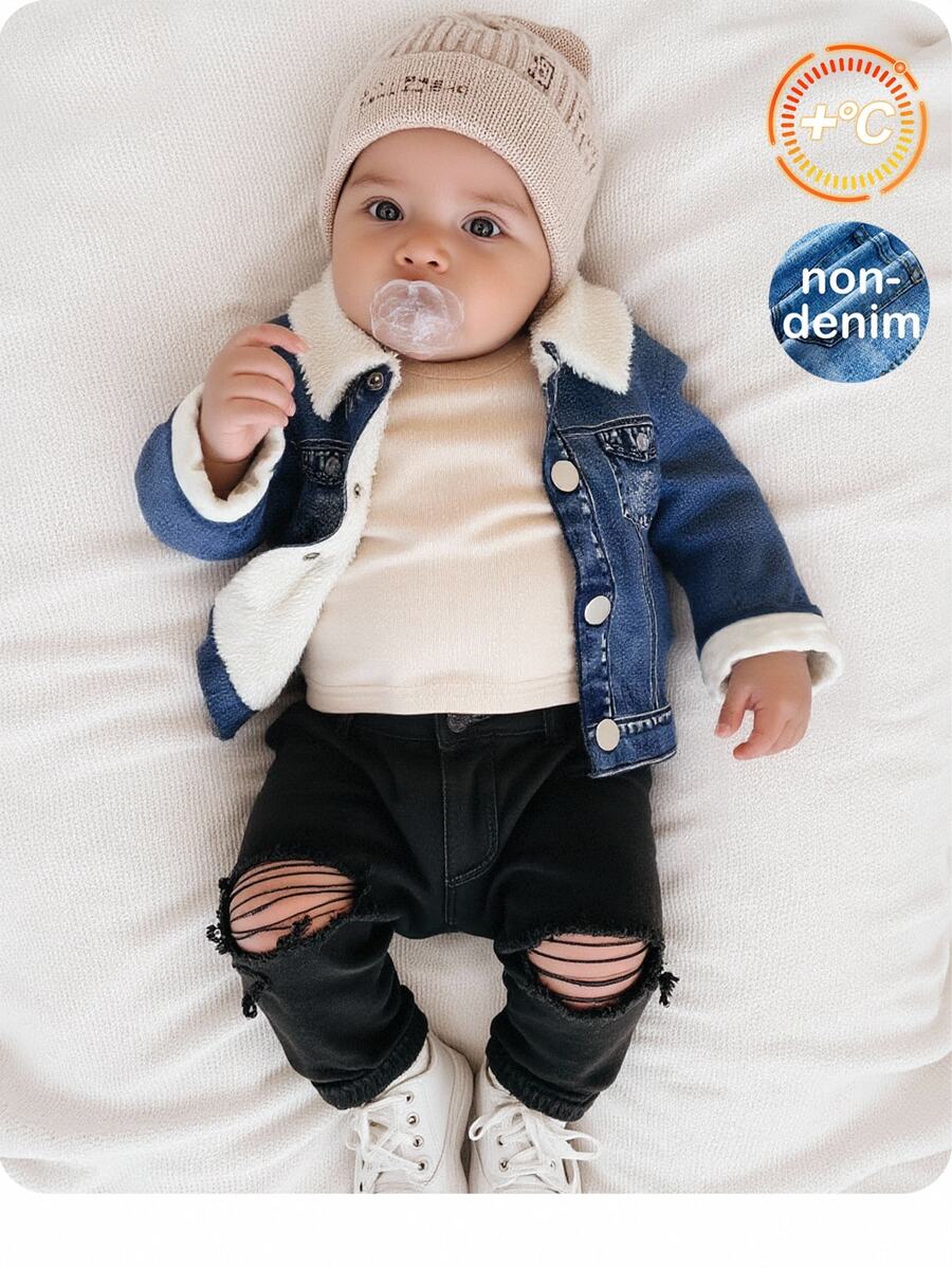 SHEIN Newborn Baby Girl/Boy Cute Casual Thermal Sherpa Lining Lapel Jacket,Suitable For Autumn/Winter - Blue - View 1