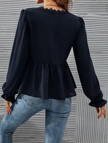 Serisse Women Plain Color Long Sleeve V-Neck Ruffle Trim Casual Blouse Winter Blue Spring Elegant - Navy Blue - View 2