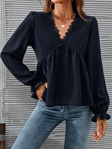 Serisse Women Plain Color Long Sleeve V-Neck Ruffle Trim Casual Blouse Winter Blue Spring Elegant - Navy Blue - View 4