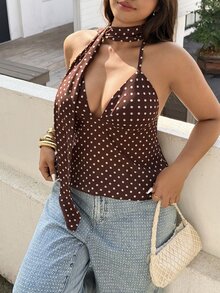 GalTyme 大码女式波点图案性感时尚吊带背心 - 棕色 - 查看 4