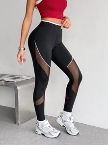 SHEIN Sports Women's High-Waist Black Sports Leggings With Semi-Transparent Mesh Patchwork And Curved Design For Outdoor Exercise - Black - View 5