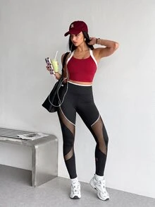 SHEIN Sports Women's High-Waist Black Sports Leggings With Semi-Transparent Mesh Patchwork And Curved Design For Outdoor Exercise - Black - View 6