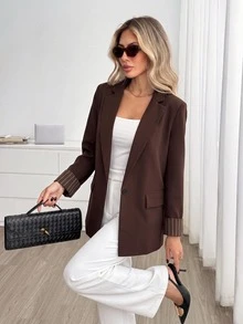 Easowa 女款深棕色對比拼接西裝外套，翻領與袖口設計，休閒寬鬆優雅通勤老錢風，夏季商務辦公 - 巧克力棕 - 查看 7