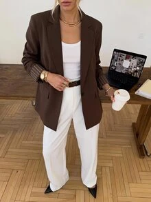 Easowa 女款深棕色對比拼接西裝外套，翻領與袖口設計，休閒寬鬆優雅通勤老錢風，夏季商務辦公 - 巧克力棕 - 查看 2