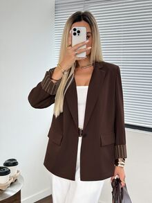 Easowa 女款深棕色對比拼接西裝外套，翻領與袖口設計，休閒寬鬆優雅通勤老錢風，夏季商務辦公 - 巧克力棕 - 查看 3