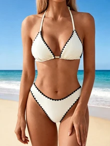 Swim Basics 女士夏季撞色滚边三角杯挂脖式泳衣套装（含撞色滚边三角杯泳裤） - 米色 - 查看 6