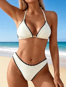 Swim Basics 女士夏季撞色滚边三角杯挂脖式泳衣套装（含撞色滚边三角杯泳裤） - 米色 - 查看 5