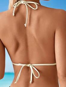 Swim Basics 女士夏季撞色滚边三角杯挂脖式泳衣套装（含撞色滚边三角杯泳裤） - 米色 - 查看 3
