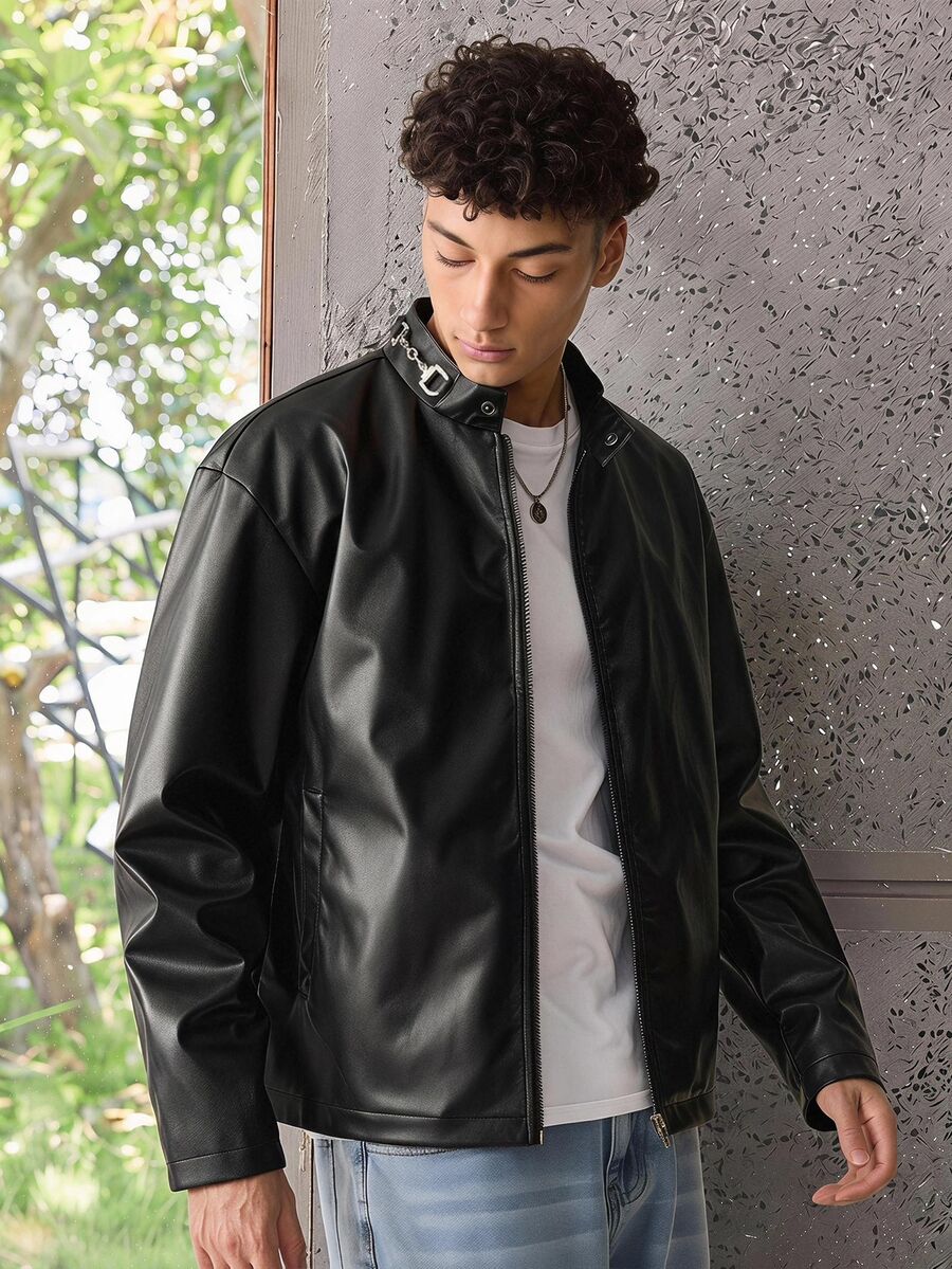ESTAVOR Men's Woven Fashion Casual Young PU Leather Fitted Long Sleeve Zip Jacket, For Spring, Outdoor - Black - View 1