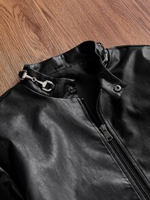 ESTAVOR Men's Woven Fashion Casual Young PU Leather Fitted Long Sleeve Zip Jacket, For Spring, Outdoor - Black - View 3