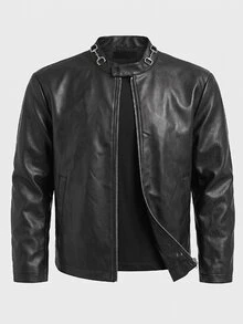ESTAVOR Men's Woven Fashion Casual Young PU Leather Fitted Long Sleeve Zip Jacket, For Spring, Outdoor - Black - View 9