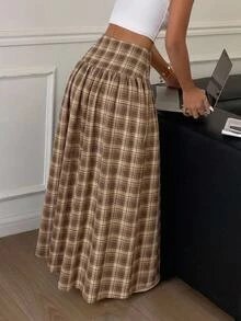 Serisse Women's Fashion Plaid Pleated Maxi Skirt For Vacation - Brown - View 4