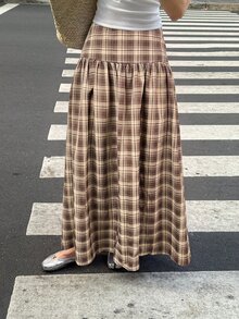 Serisse Women's Fashion Plaid Pleated Maxi Skirt For Vacation - Brown - View 5
