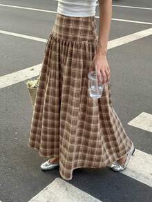 Serisse Women's Fashion Plaid Pleated Maxi Skirt For Vacation - Brown - View 1