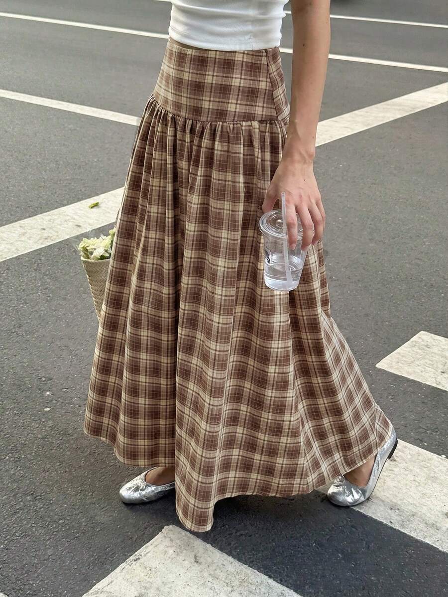Serisse Women's Fashion Plaid Pleated Maxi Skirt For Vacation - Brown - View 1