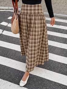 Serisse Women's Fashion Plaid Pleated Maxi Skirt For Vacation - Brown - View 6