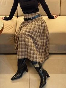 Serisse Women's Fashion Plaid Pleated Maxi Skirt For Vacation - Brown - View 7