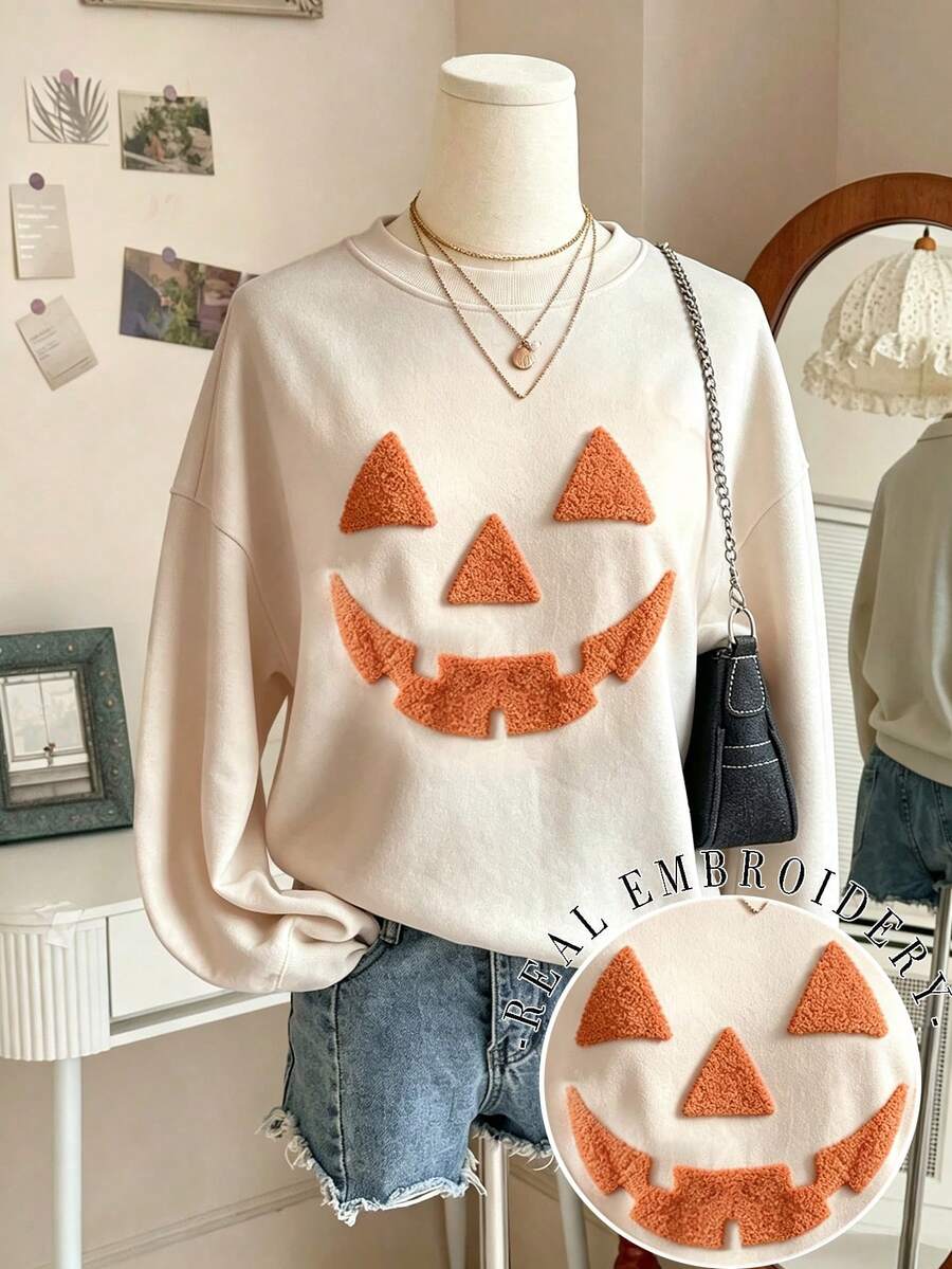 Collagica Collagica 秋季氛圍萬聖節刺繡落肩休閒衛衣,萬聖節刺繡運動服,萬聖節雪尼爾紗線衛衣,個性化秋季衛衣,秋季衛衣時尚禮物 - 杏色 - 查看 1