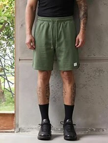 ESTAVOR Men's Letter Print Drawstring Waist Knit Casual Shorts - Army Green - View 1