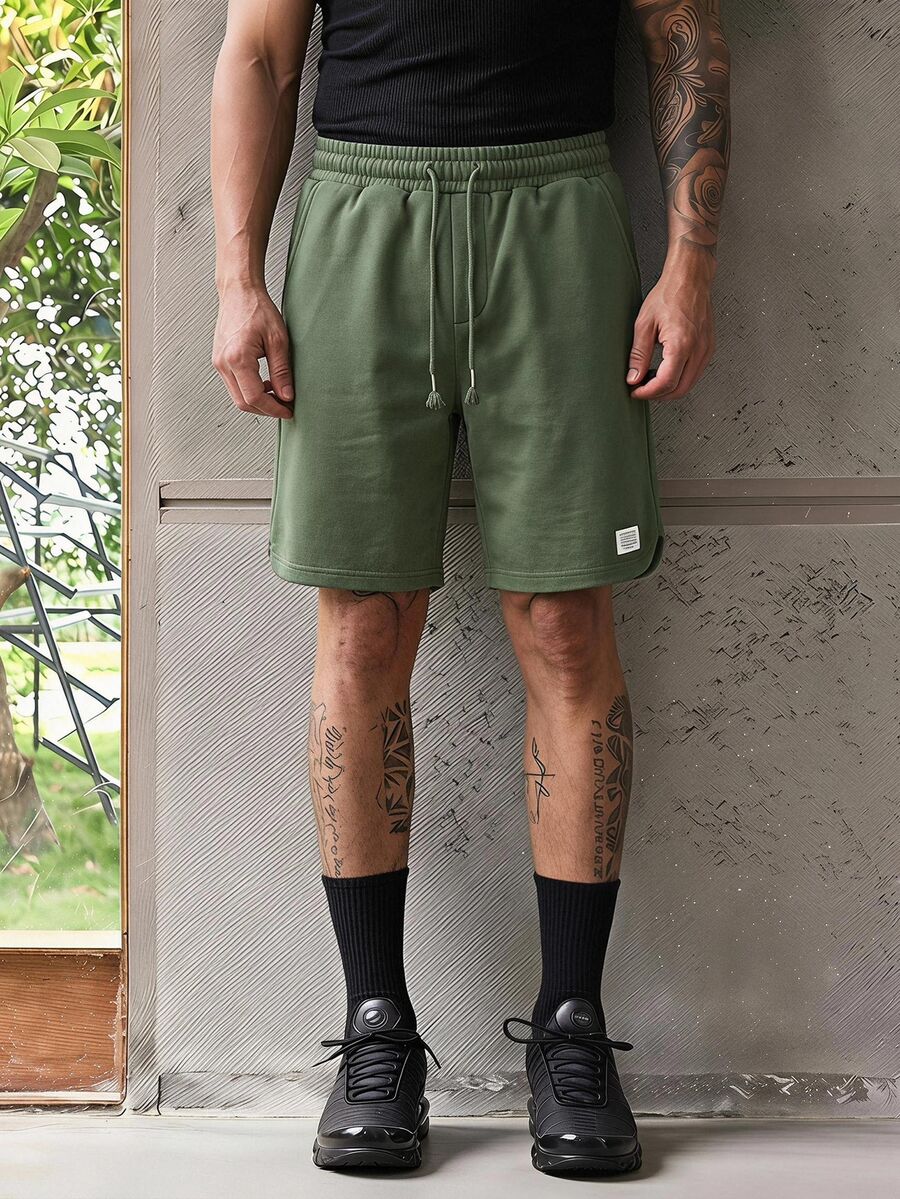 ESTAVOR Men's Letter Print Drawstring Waist Knit Casual Shorts - Army Green - View 1