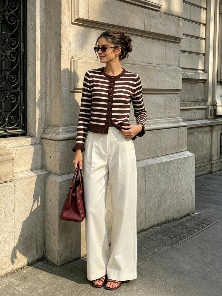 SHEIN PariChic 女款條紋拼接配色單排扣荷葉邊針織開襟衫 - 彩色 - 查看 3