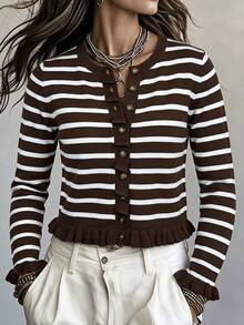 SHEIN PariChic Women's Striped Colorblock Single-Breasted Ruffle Hem Knit Cardigan - Multicolor - View 6