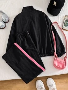 SHEIN 2件組 青少年女孩配色條紋拉鍊外套（附刺繡蝴蝶結）與鬆緊腰長褲，適合健身、瑜珈、休閒、Y2K風格，秋季穿搭 - 彩色 - 查看 3