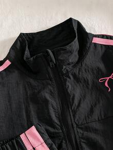 SHEIN 2件組 青少年女孩配色條紋拉鍊外套（附刺繡蝴蝶結）與鬆緊腰長褲，適合健身、瑜珈、休閒、Y2K風格，秋季穿搭 - 彩色 - 查看 4