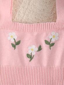 SHEIN LMoss Kids 女嬰新生兒小碎花針織秋季連身衣，拼色設計，蕾絲飾邊，適合滿月、生日及其他場合，連身衣+帽子 2件套 - 粉色 - 查看 5