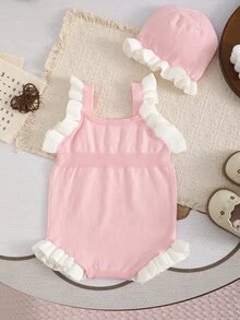 SHEIN LMoss Kids 女嬰新生兒小碎花針織秋季連身衣，拼色設計，蕾絲飾邊，適合滿月、生日及其他場合，連身衣+帽子 2件套 - 粉色 - 查看 2